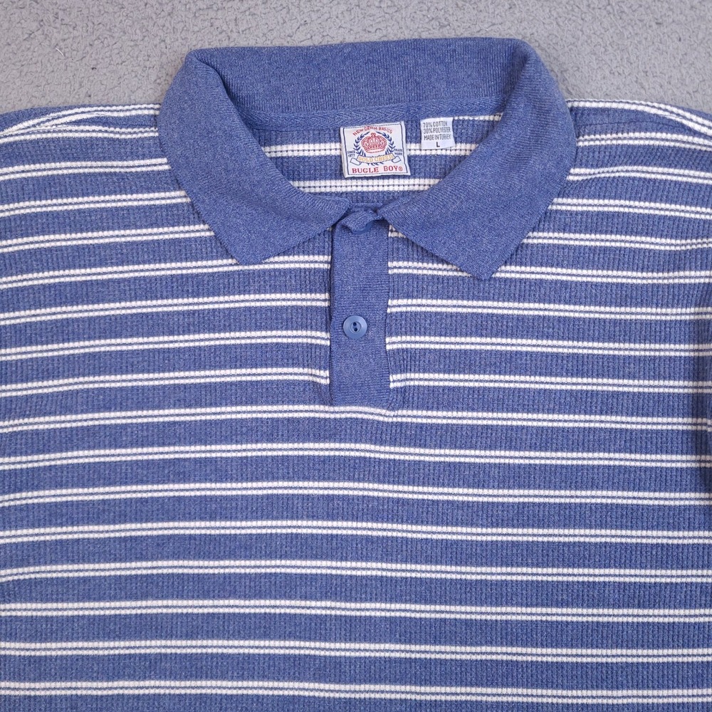 Vintage Bugle Boy Polo Shirt Mens Large Blue White Striped Long Sleeve Thermal